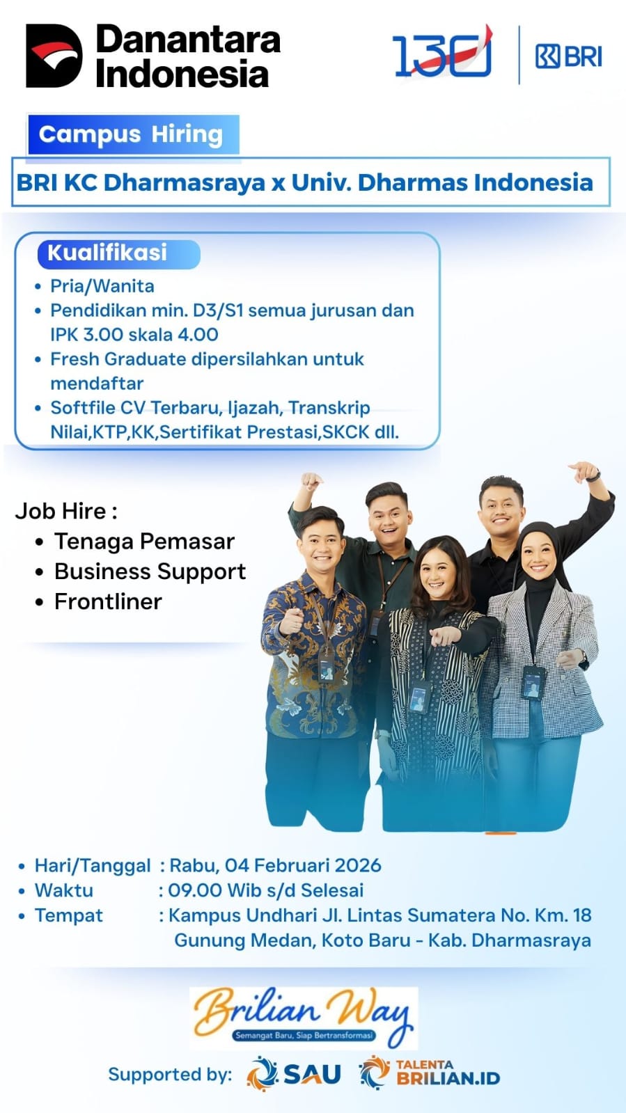 LOWONGAN PEKERJAAN BRI KC DHARMASRAYA - UNIVERSITAS DHARMAS INDONESIA